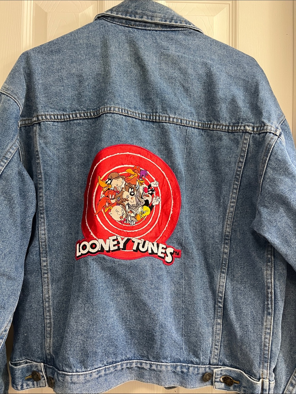 Warner Bros. Blue Denim Jacket with Red Looney Tunes Patch vintage